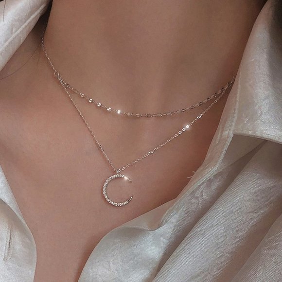 Jewelry - #NEW 925 Sterling Silver Diamond Crescent Moon Double Layer Necklace